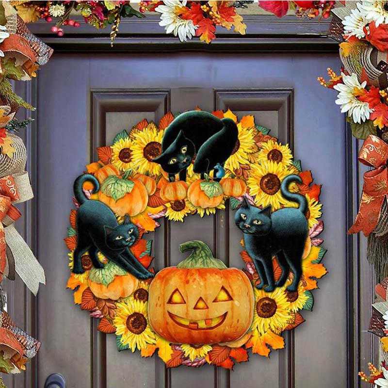 Halloween funny pumpkin black cat wooden listing decoration