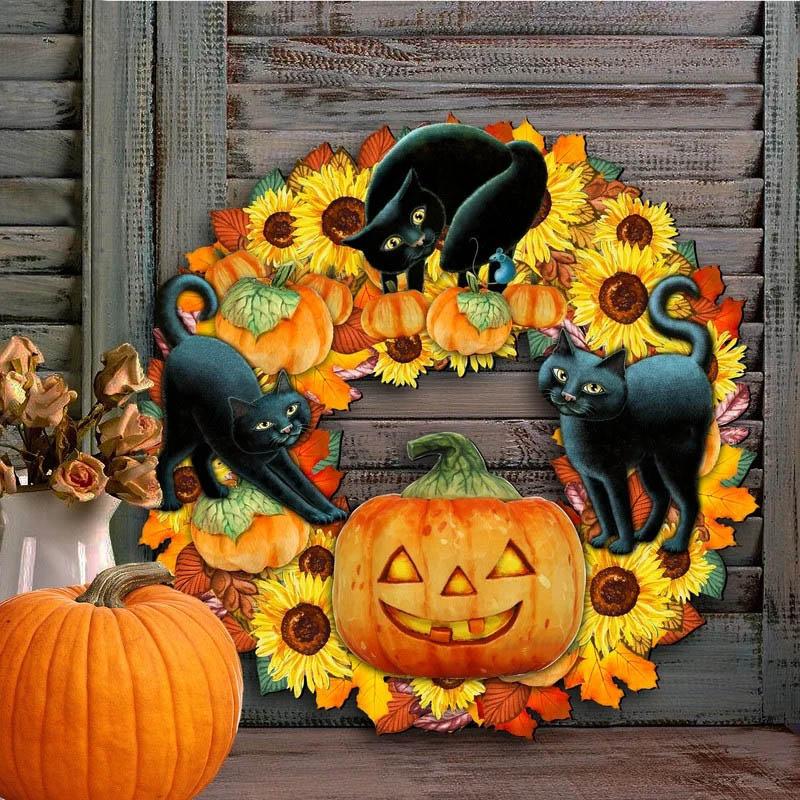 Halloween funny pumpkin black cat wooden listing decoration